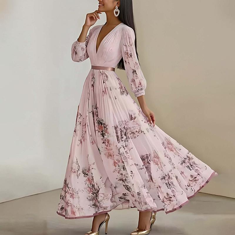 Элегантное облегающее платье с V-образным вырезом, плиссировкой и принтом для женщин, весна 2026
