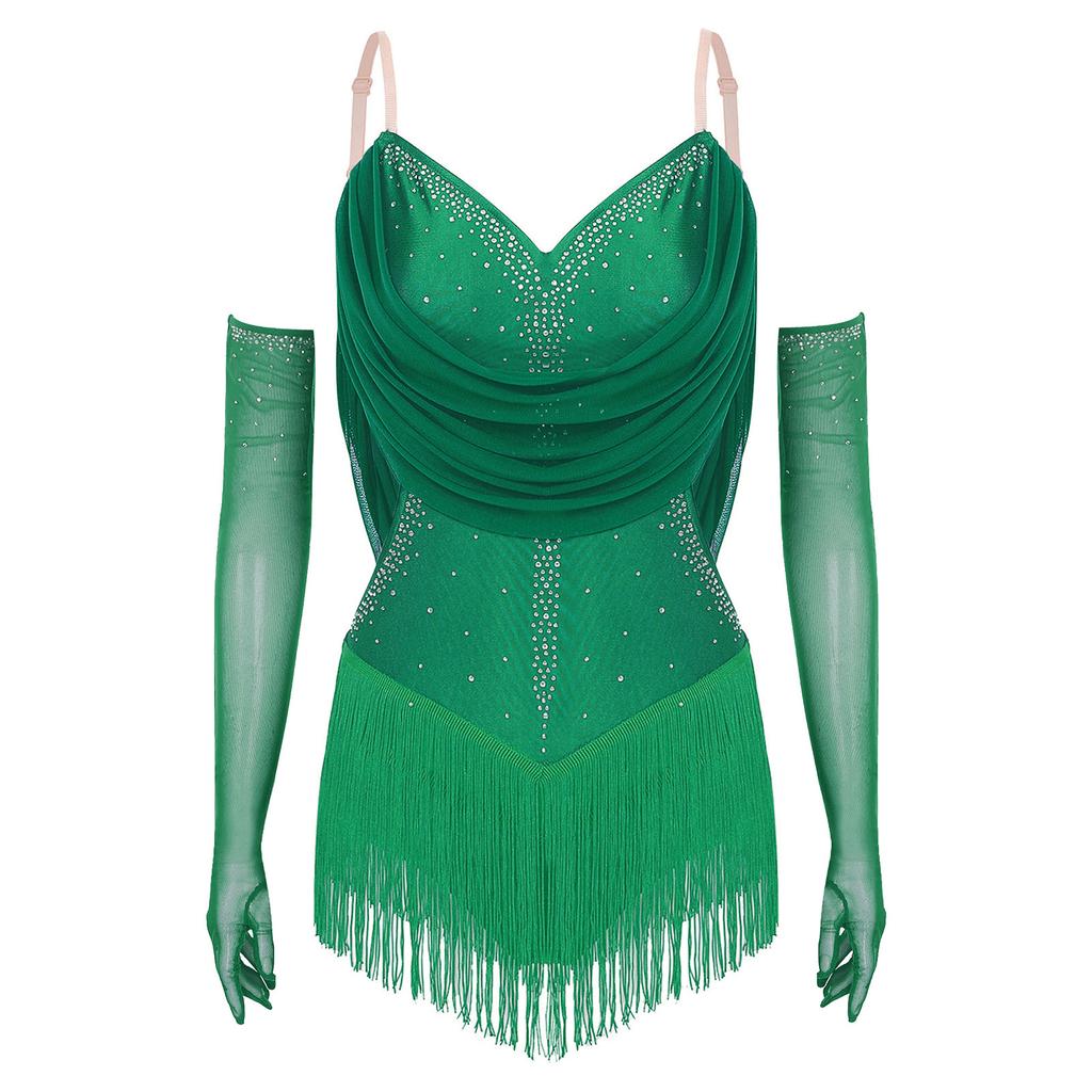 Женский плиссированный сетчатый драпированный леотард с кисточками для танцев, блестящими стразами, регулируемыми бретелями, вырезом и бахромой