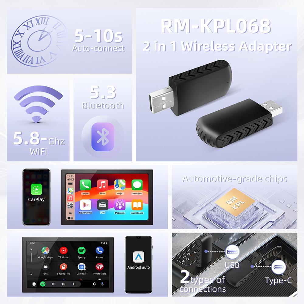 Беспроводной адаптер Carplay 2 в 1 Mini Box WiFi Fast Connect Проводное подключение к беспроводному Android Auto для USB/Type C Dongle Plug And Play