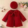 Girls Bow Thick Long Sleeve Coat Autumn and Winter Children's Red Coat + Hat Two Sets