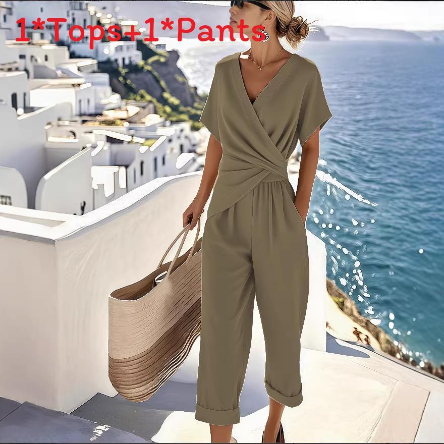 Summer Womens Pure Color Irregular Short Sleeve Suit With Pleated Pants For Casual Wear