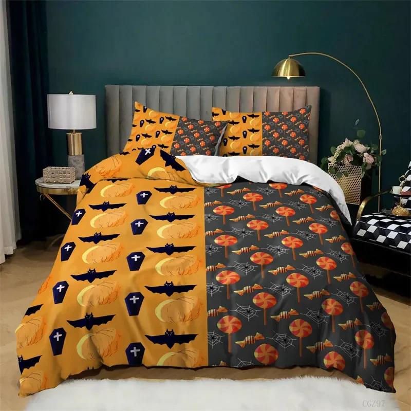 Cartoon Pumpkin Duvet Cover Gothic Halloween Skull Bedding Set Polyester Lantern Ghost Comforter Cover King For Boys Girls Decor