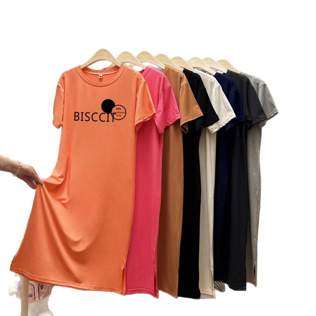 Платье-футболка длиной до колена, Свободный, Повседневный и Непринужденный стиль, Прямая юбка, Платье с круглым вырезом, двойным разрезом и короткими рукавами для женщин на лето