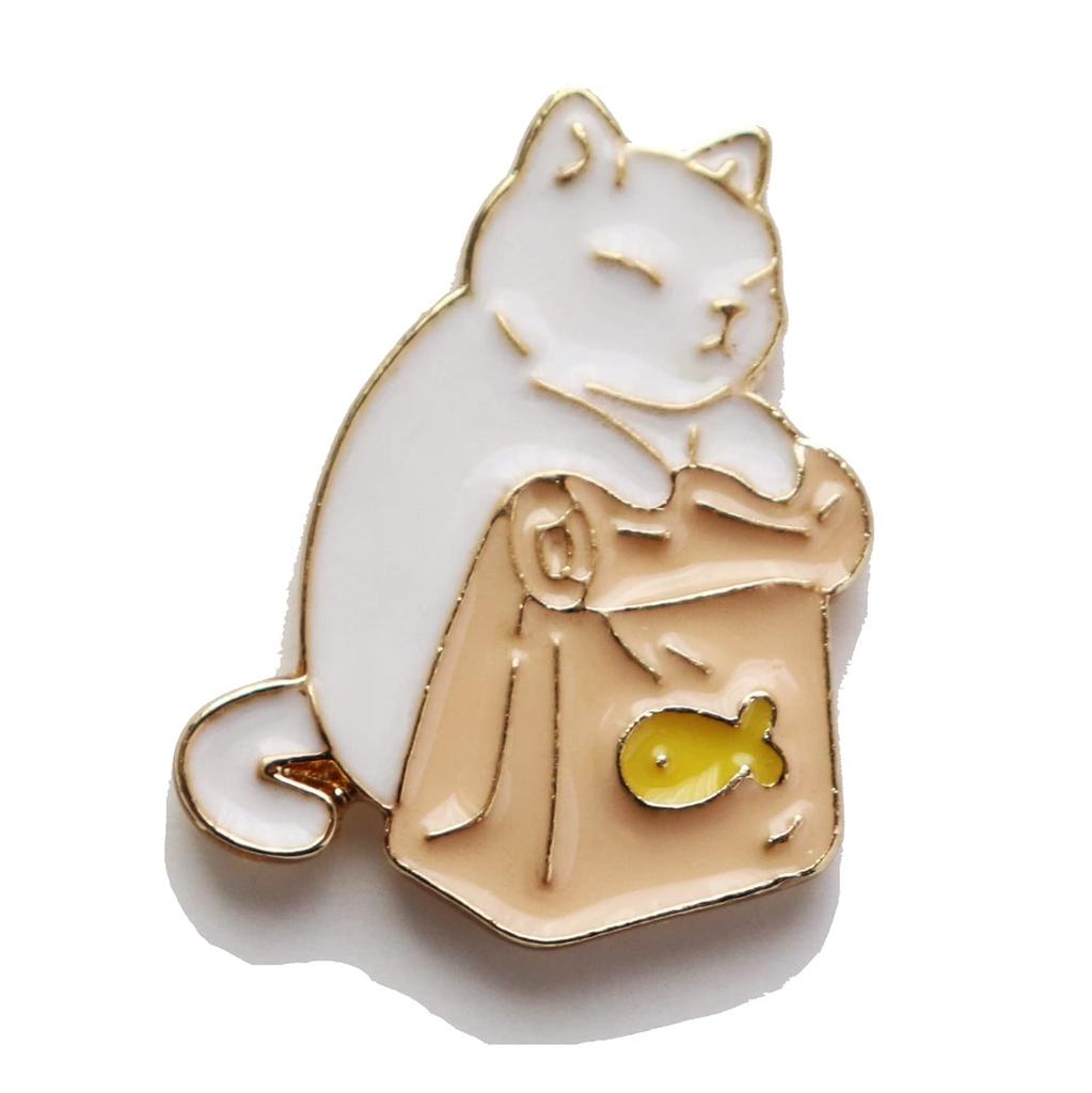 Cat and Food Bag Pin Cute Cat Pin Merchandise Badge, (White Cat)