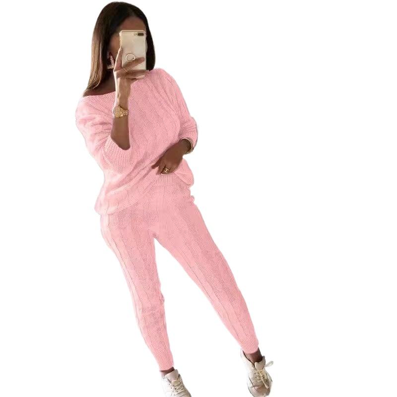 YYFS Женская мода повседневная осень-зима однотонные принты с длинным рукавом и круглым вырезом женская одежда шерстяной трикотаж свитера и брючные костюмы