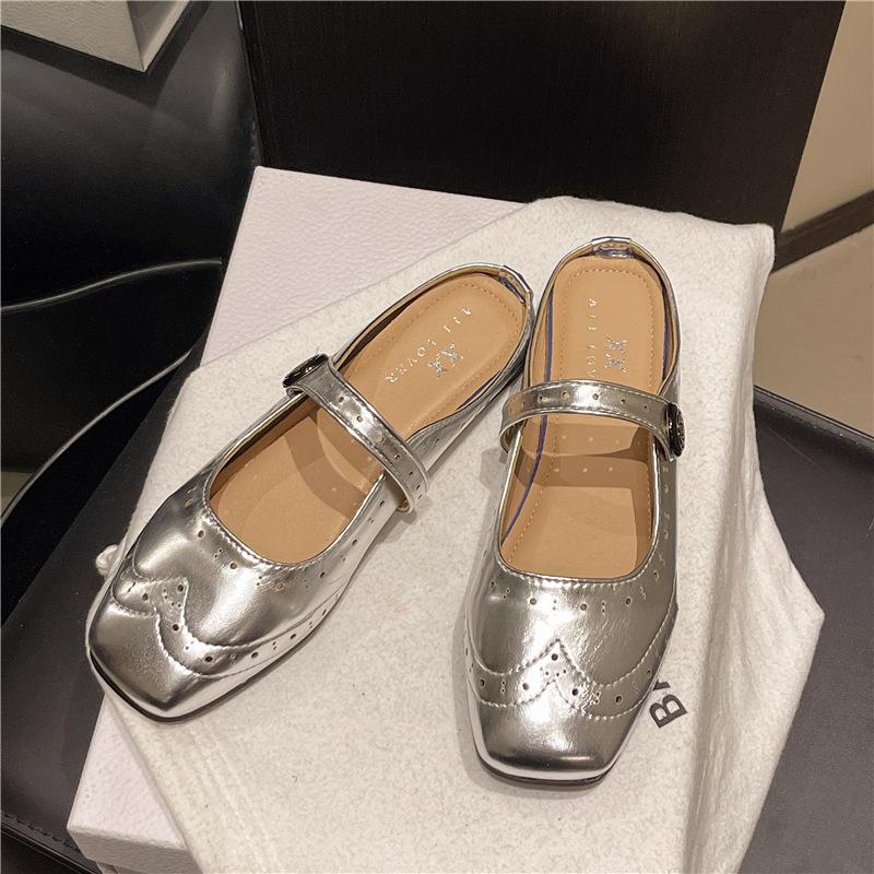 French Fairy Wind Bag Head Half Slippers 2025 New Imitation Leather Outer Wear Versatile Low Heel Sandals Gentle Muller Shoes Women