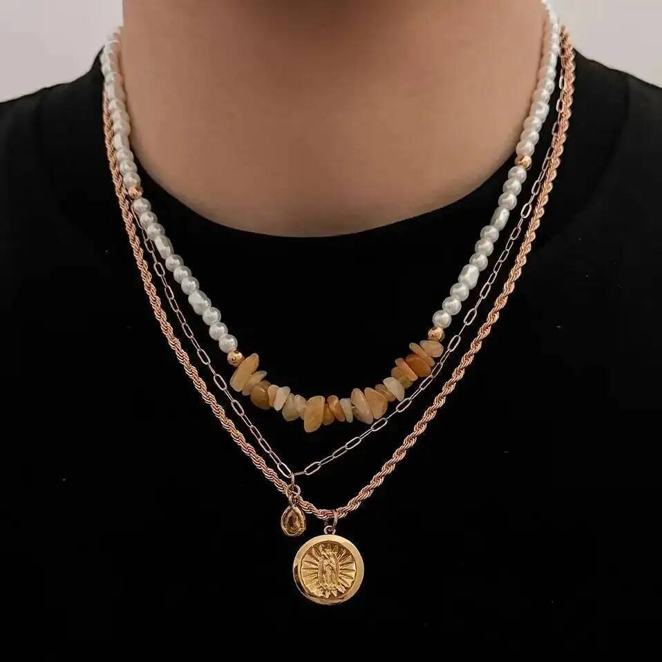 Salircon 3Pcs/Set Creative Trendy Metal Coin Pendant Necklace for Men Boho Imitation Pearl Acrylic Drill Clavicle Chain Jewelry