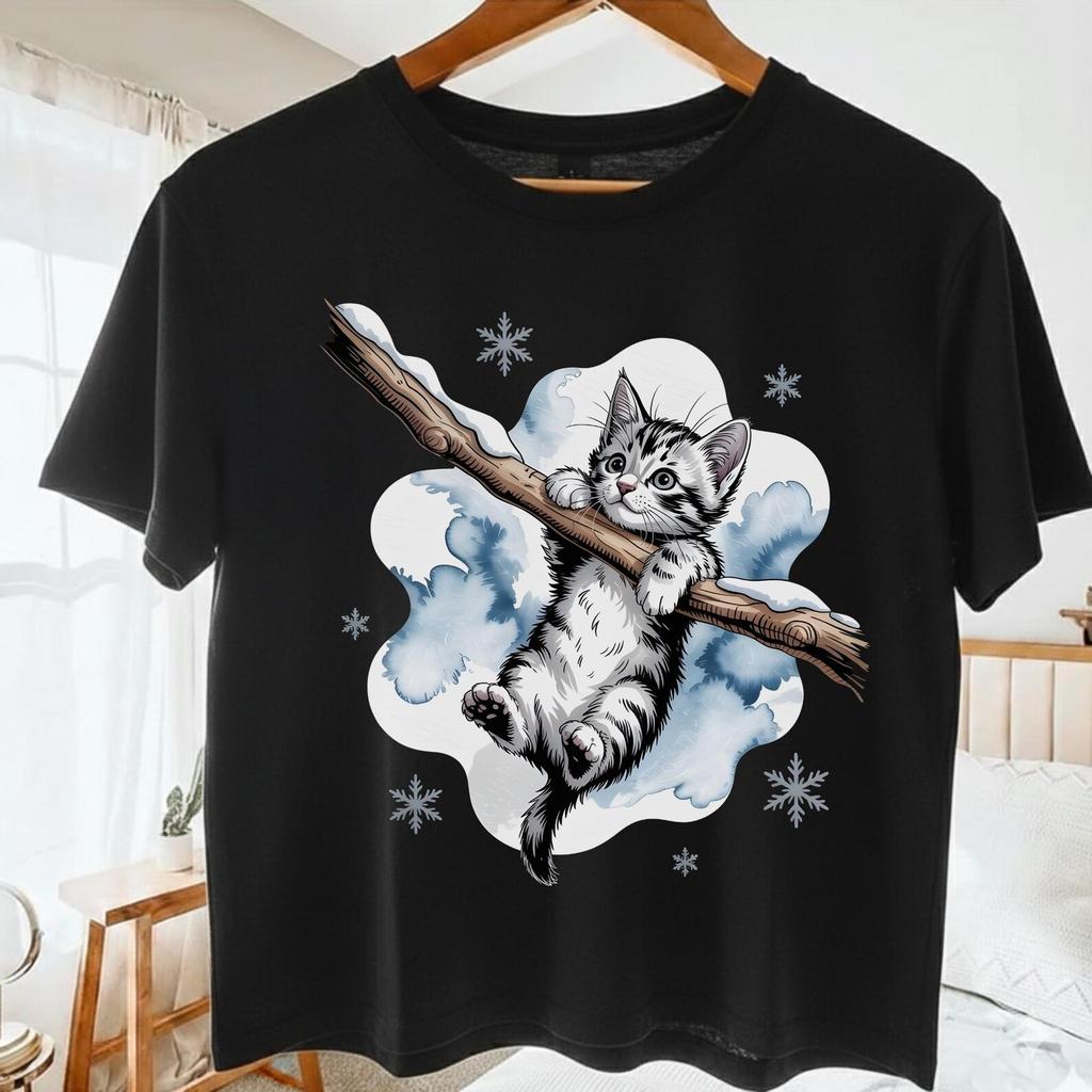 Cute Hang In There Baby Cat Shirt Funny Kitten Meme Tee Vintage Style Snowy Cat Lover Gift Unisex Graphic T Shirt