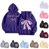 Women's Fashion Long Sleeve Sweatshirt Letter Bow Printed Hooded Drawstring Pullover Oversized Pocket Sweatshirt Top