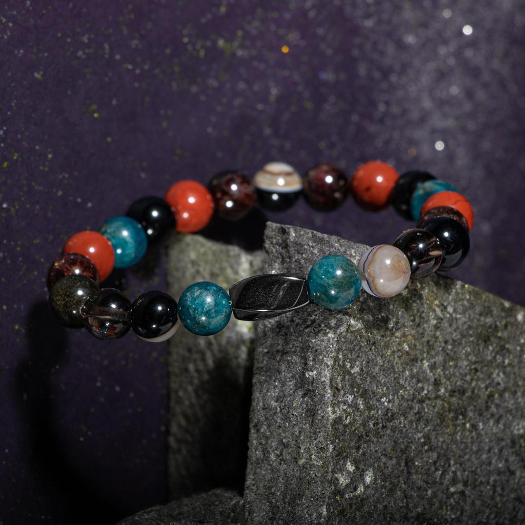 Браслет Девы Бордовый Красный гранат Гранат, дымчатый кварц, золотой обсидиан, яшма, голубой апатит, черный глазчатый агат