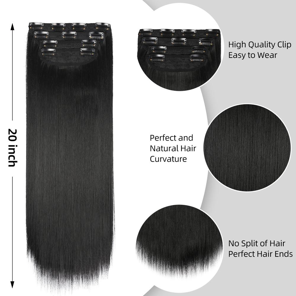 Black Hair Extensions For Women 20 Inch Synthetic Clip In Hair Extensions 4Pcs/Set Thick Hairpieces Straight Fiber Hairpieces