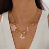 DIEYURO 316L Stainless Steel Pink Enamel Flower Butterfly Pearl Ocean Multi Pendant Necklace Women Fashion Jewelry Gift