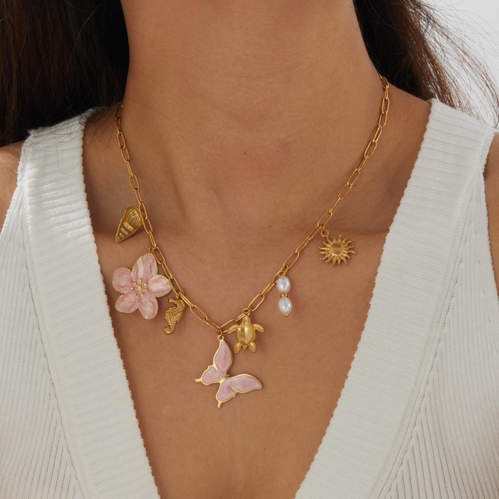DIEYURO 316L Stainless Steel Pink Enamel Flower Butterfly Pearl Ocean Multi Pendant Necklace Women Fashion Jewelry Gift