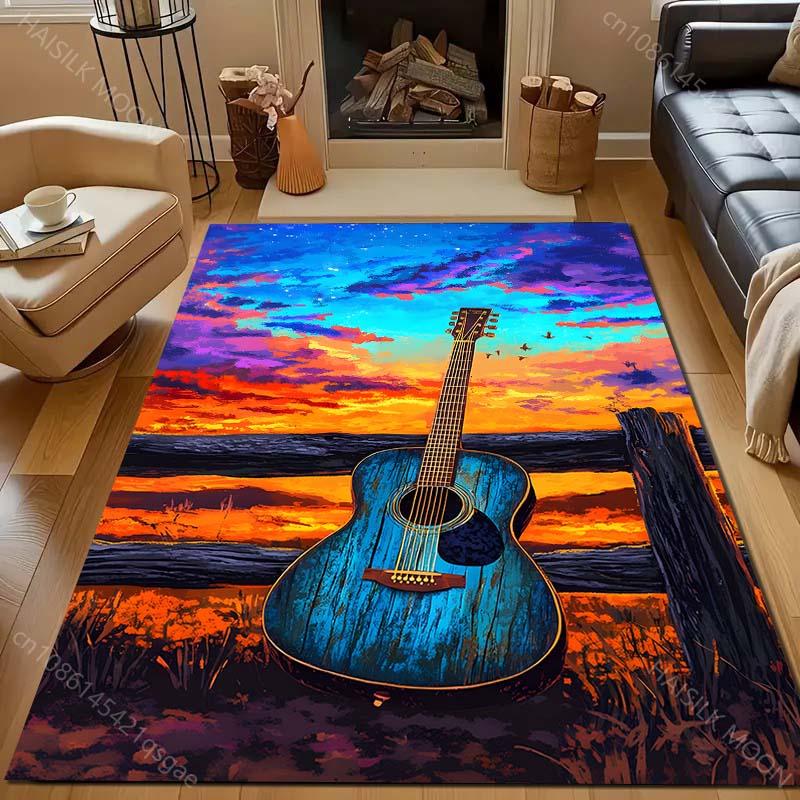 Guitar in The Sunset Print Carpet for Bedroom Living Room Bedside Sofa Floor Mat Modern Home Decor Play Area Rug Large Size