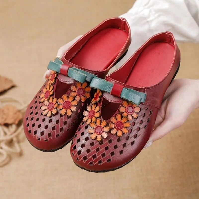 Johnature Тапочки из натуральной кожи с цветочным узором в этническом стиле. Женская обувь на низком каблуке. Полые наружные шлепанцы.