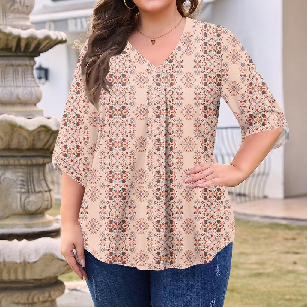 Women's Fashion Large Size Printed V-Neck Three-quarter Sleeve Top
