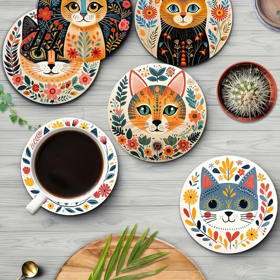 Heat Insulation Mats for Coffee Cups 6 Pcs Cute Cat Coasters, Thick Heat-Resistant Wood Coaster Tabletop Protection, Wooden Drink Coasters Table