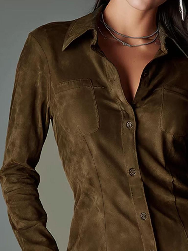 Однотонная приталенная рубашка с длинным рукавом и воротником - Ретро Повседневный Осенне-Зимний Топ