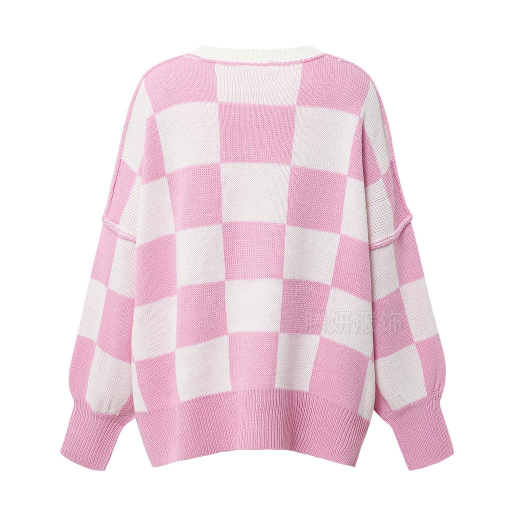 2026 New Plaid Knit Round Neck Women's Sweater - Loose, Versatile Long Sleeve