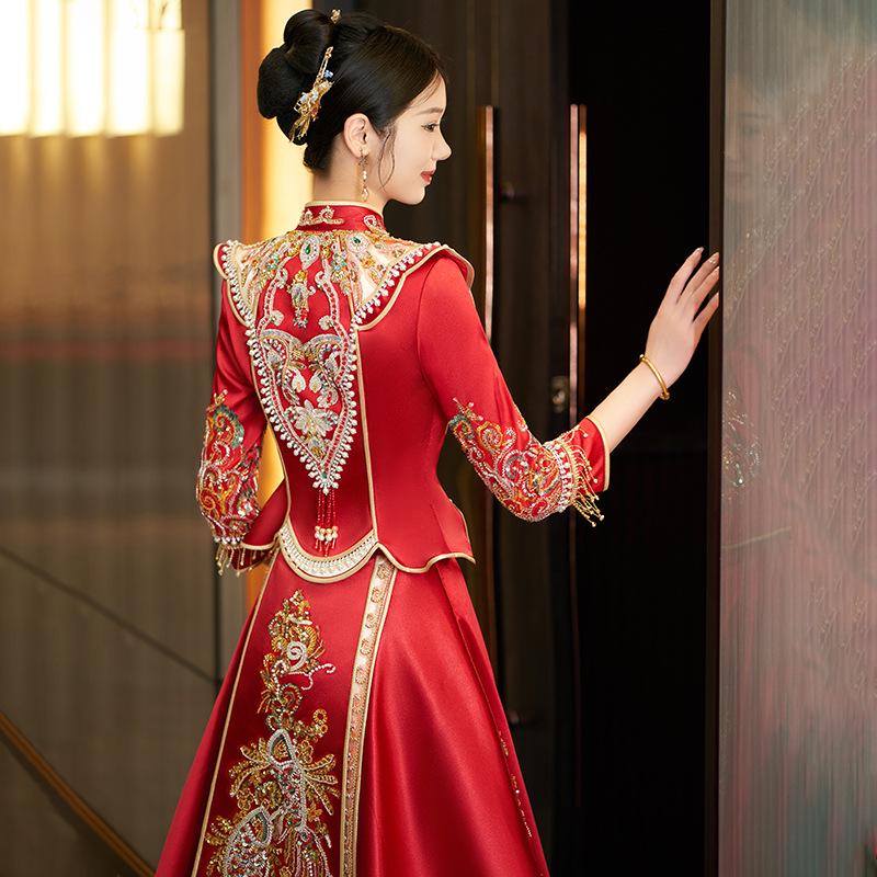 "Slim Fit Satin Xiuhe Dragon & Phoenix Chinese Wedding Dress"