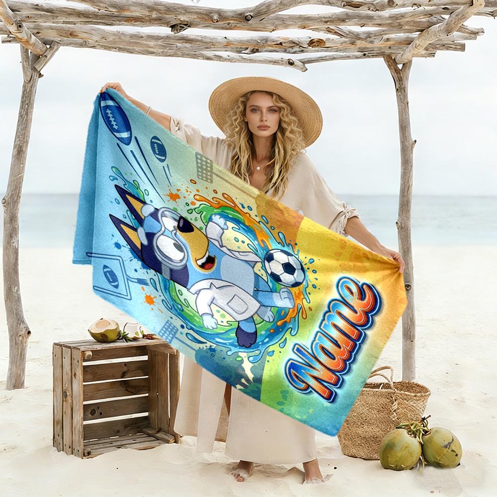 Bluey Soccer Fun Customized Name Beach Towel High Absorbency & Quick-Dry Portable for SwimmingBeachCamping Travel Beach AccessoriesGym