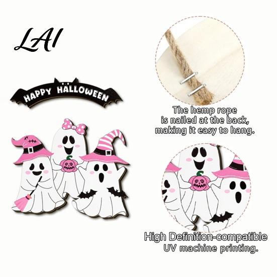 Festive Entryway Wall Art Pink Bat Shape Wooden Halloween Welcome Door Hanger Cute Ghost Witch Hat Durable Wood Hanging Plaque Sign with Rope Front