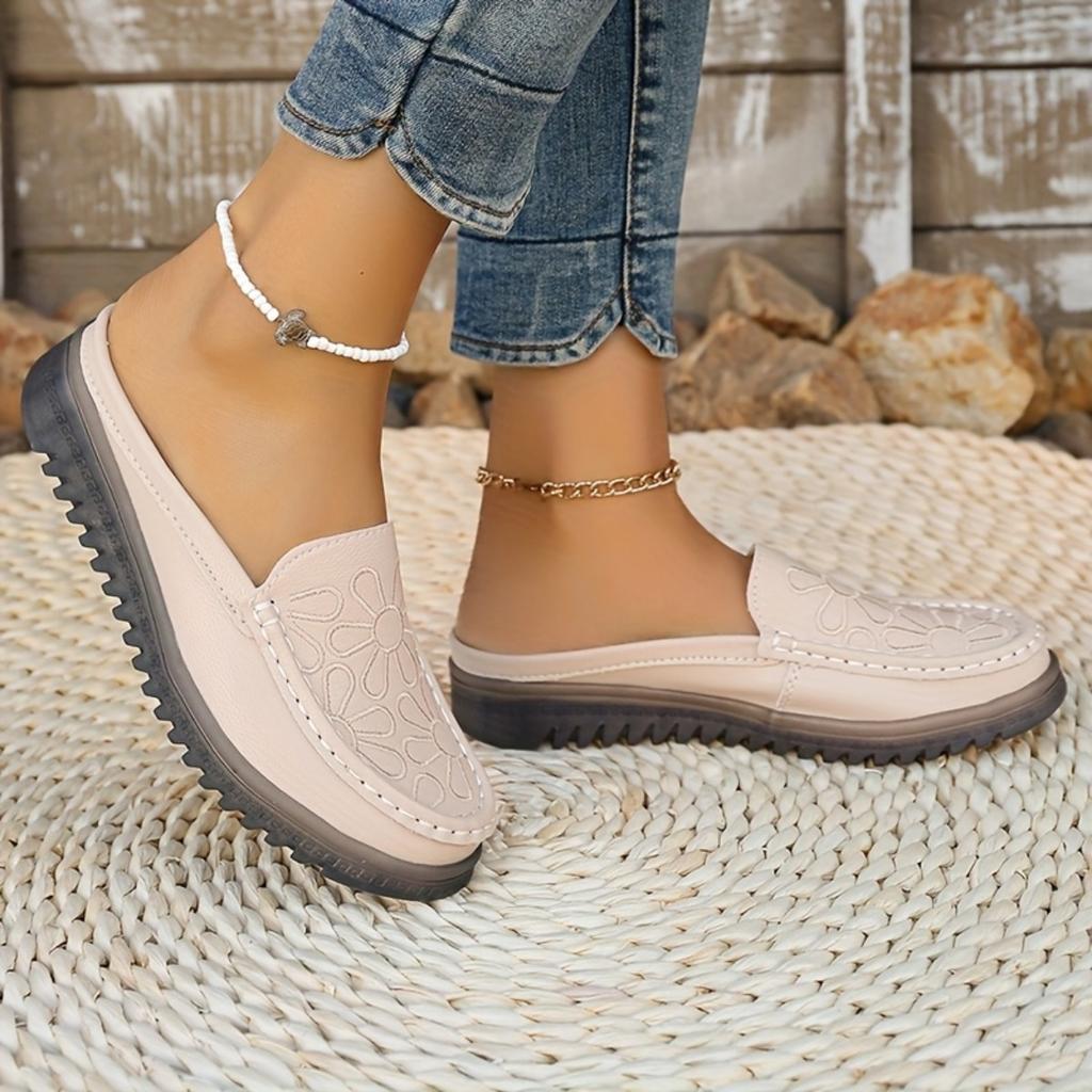 Women's Solid Color Embroidery Mule Shoes, Fashion Hundreds of Flat Shoes, Non-slip Comfortable Casual Women's Shoes