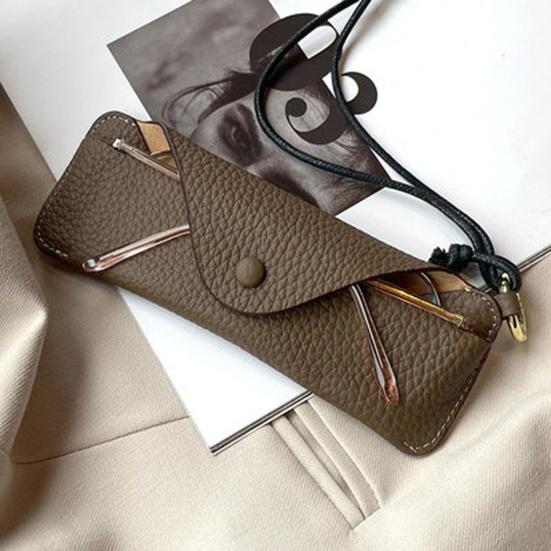 Portable Glasses Storage Bag with Lanyard Soft Faux Leather Sunglasses Case Women Men Myopia Eyeglass Organizer Outdoor Travel Glasses Carrying Bag
