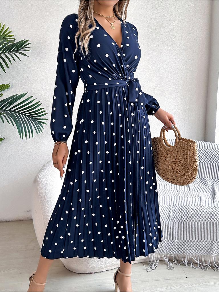 V Neck Printed Overlapping Dress Waist Hugging  Elegant Pleats Wave Point Dress for Women Long Sleeve Loose Dresses Causal Dress