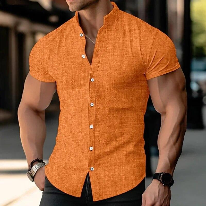 Summer Men's Short Sleeve Shirt Cotton Blended Breathable Solid Color Collar Button Shirt Business Casual Commuter Shirt