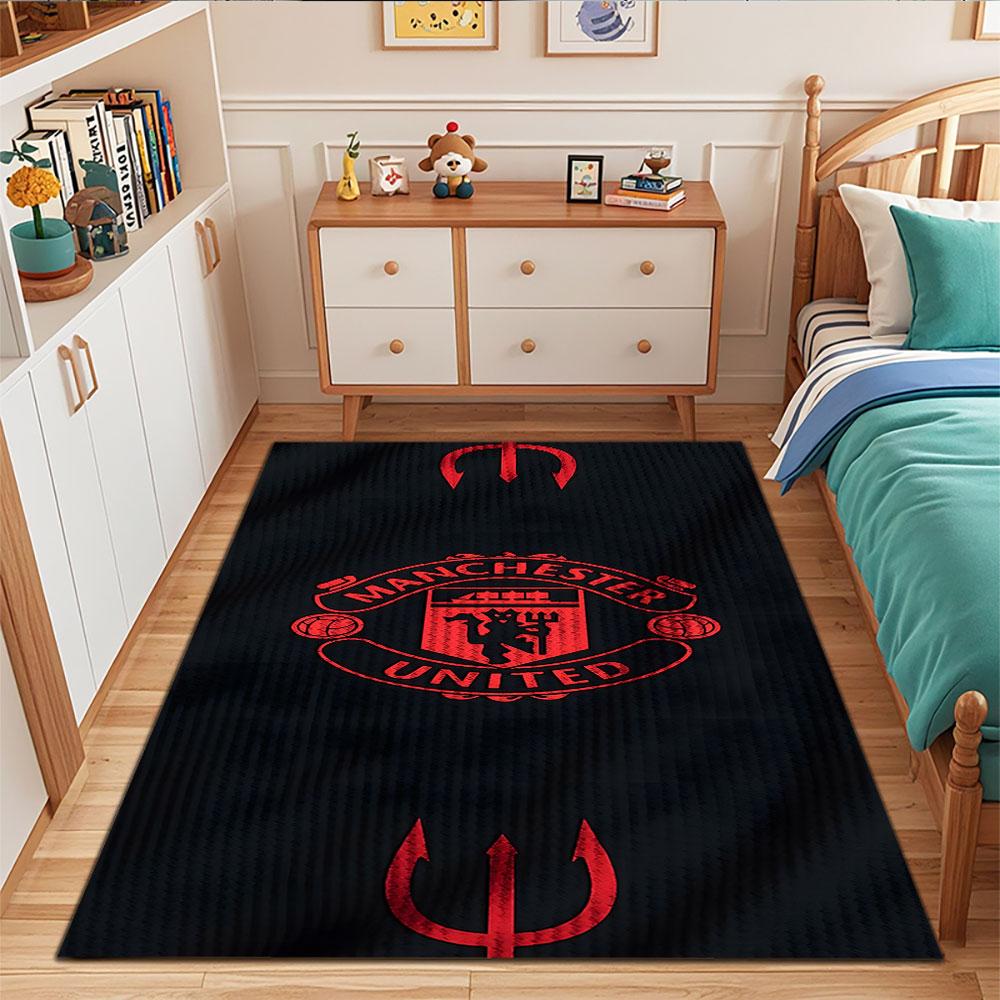 Manchester United Logo on Black Rug Patterned carpet, suitable as a non slip play mat for the living room and bedroom sofa