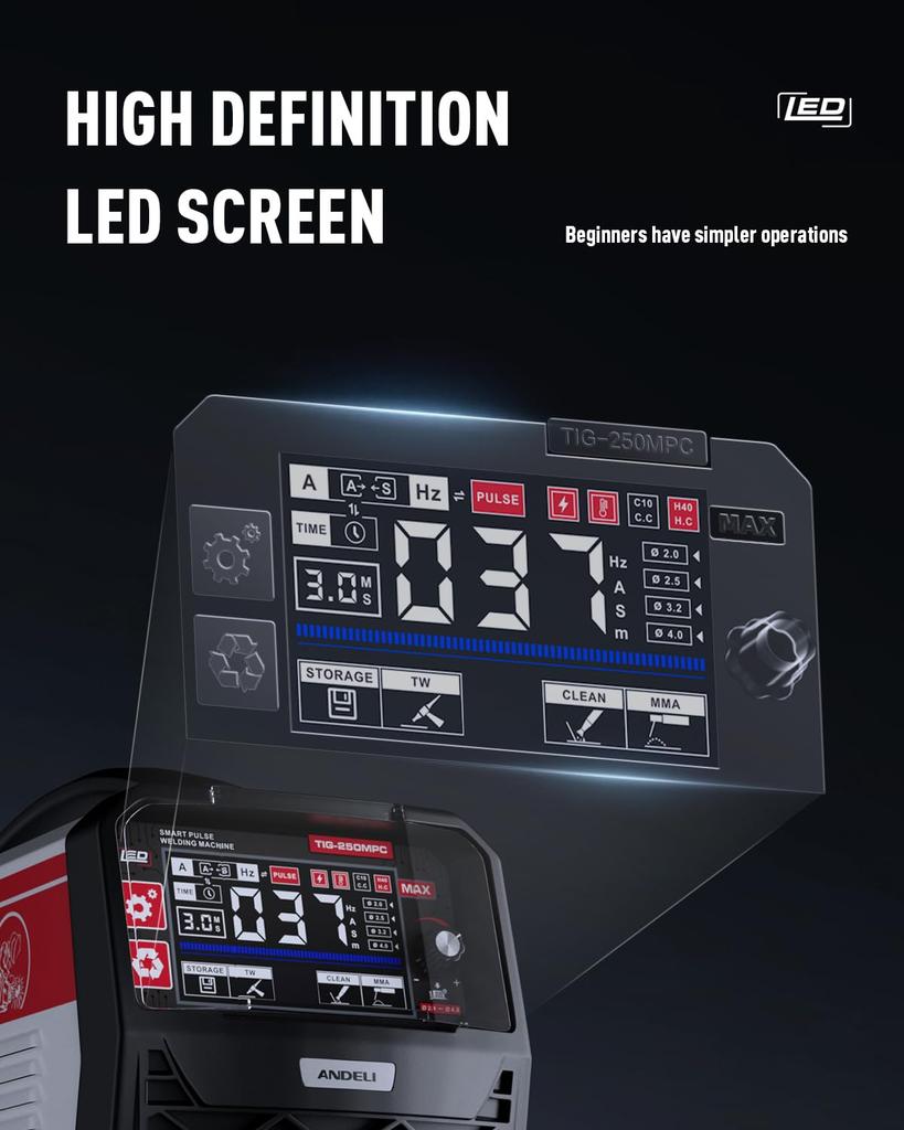 ANDELI 200A TIG сварочный аппарат светодиодный экран инверторный сварочный аппарат постоянного тока 100 В/200 В TIG/дуговая сварка/ОЧИСТКА/импульсная TIG-250MPC
