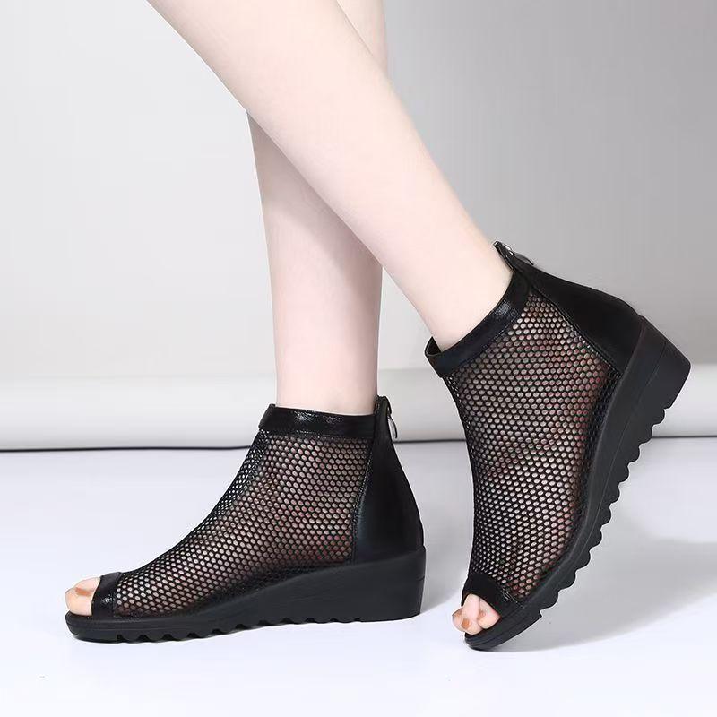 Women's Summer Wedges Mesh Peep Toe Cool Boots Thick Sole Non Slip Breathable Big Size Zippers Ankle Boots High Top Sandals