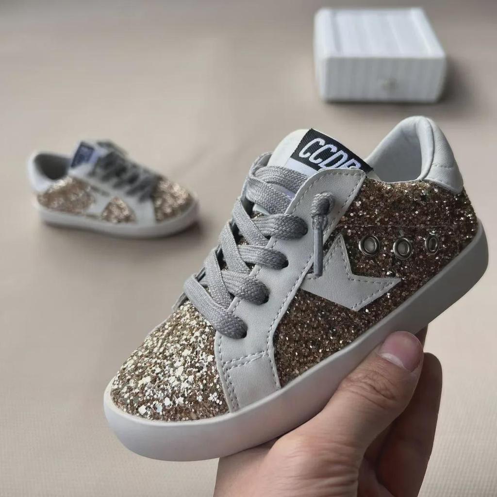 2007 г. Повседневные туфли для девочек с золотисто-розовыми звездами и пайетками, с мягкой подошвой