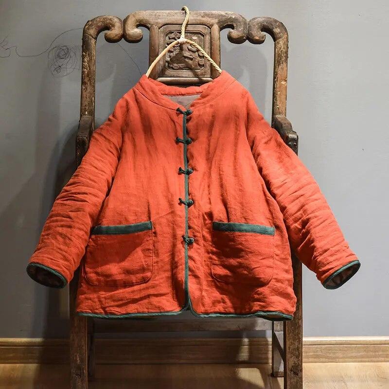 Johnature Women Chinese Style Parkas Cotton Linen Button Stand Long Sleeve Coats Winter Solid Color Warm Loose Parkas
