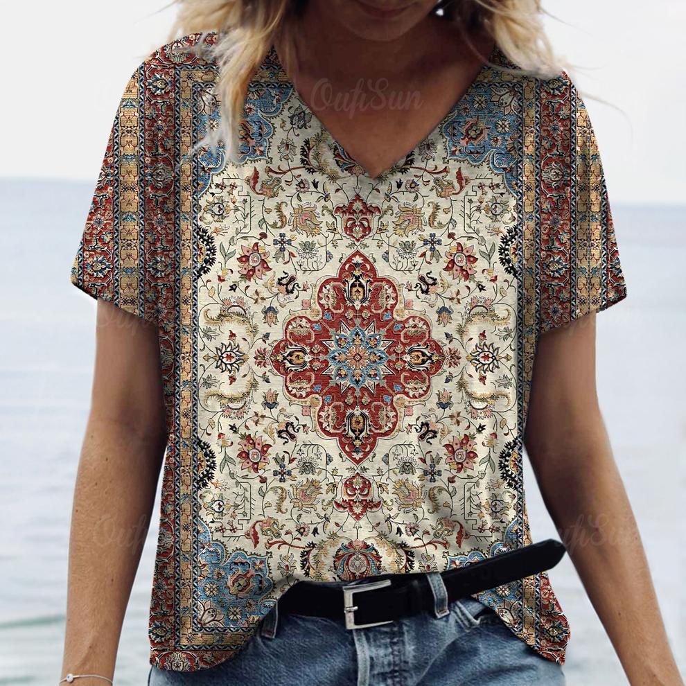 New Women T-shirt Ethnic Pattern Print Oversized Women's Trending Clothing Fashion Short Sleeve Shirt Women V-Neck Blouse 2024