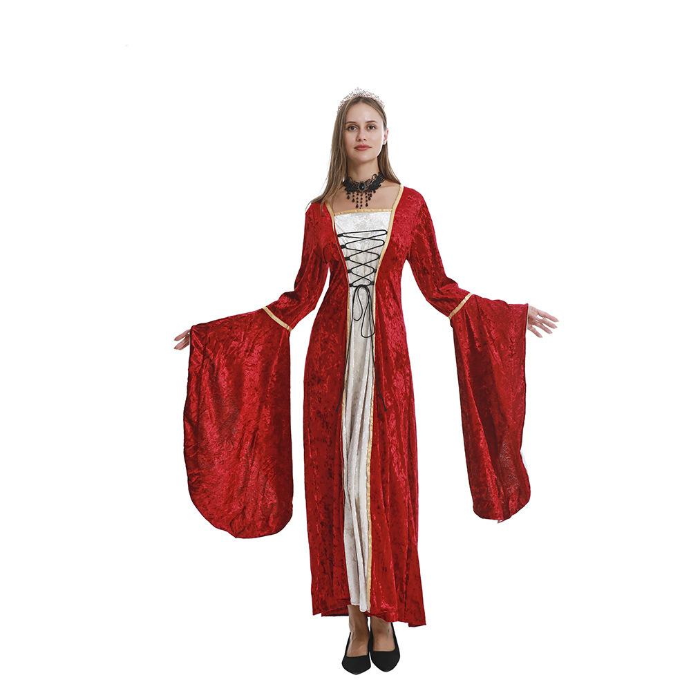 Hot Sale Women's Medieval Costumes Golden Velvet Straps Horn Sleeves Long Dresses Party Stage Performance Costumes