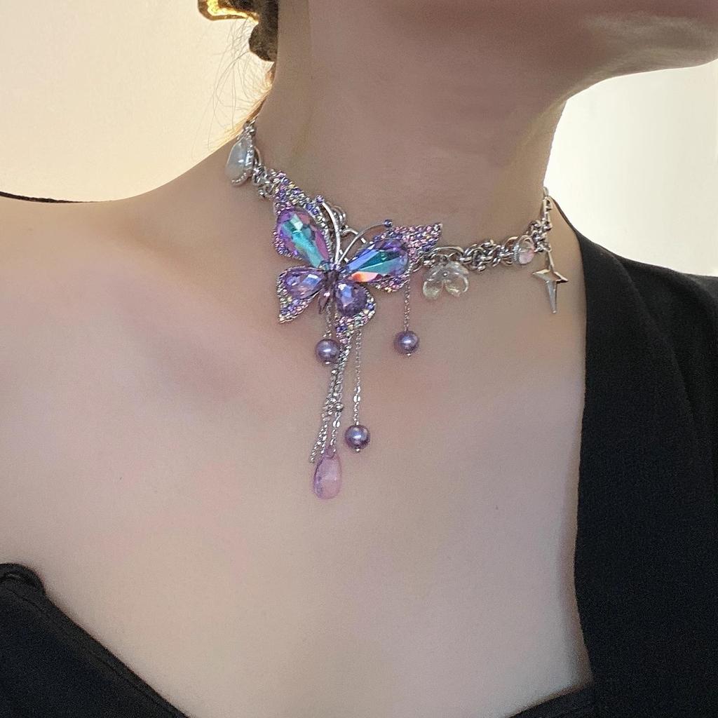 Purple Diamond Butterfly Fringed Necklace
