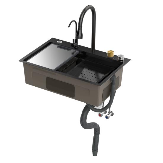 Drop in Single Bowl Bar Sink Black Waterfall Kitchen Sink, Stainless Steel with Cup Rinser, In/Undermount Farmhouse Workstation Multiple Accessories