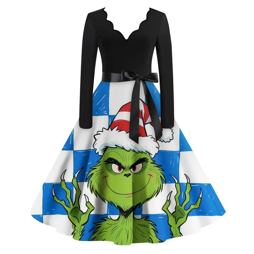 Женское модное ретро платье с длинным рукавом, квадратным вырезом, рождественским принтом, вечернее платье