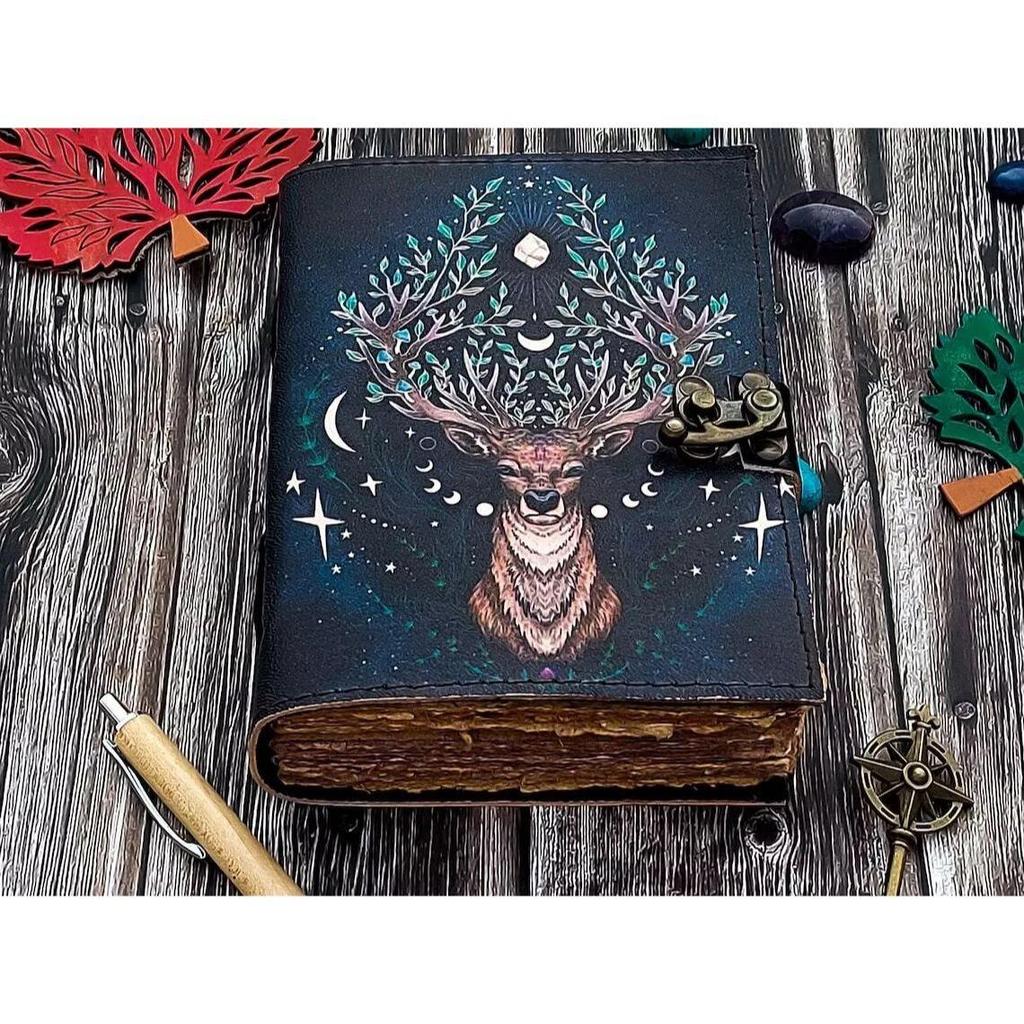 Vintage Leather Deer Moon Journal For Men Women with Lock Antique Handmade