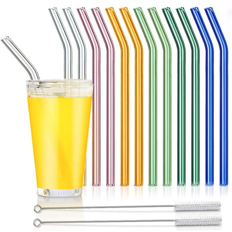 Набор из 12 многоразовых стеклянных трубочек с щеточкой для чистки, цветные стеклянные экологически чистые трубочки для молочных коктейлей, смузи, кофе