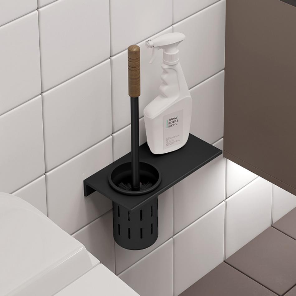 Walnut Toilet Brush Holder Set Wood Handle Wall Mounted Grey Gold Black White Aluminum Cup WC Brush Rack Kit with Storage Shelf