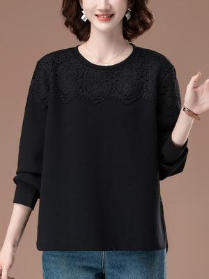 Женский свитшот большого размера с кружевной вставкой – Весенне-осенний свободный крой для мам среднего возраста