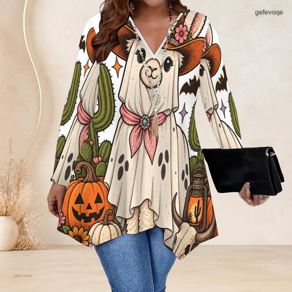 Plus Size Ladies V Neck Long Sleeve Loose Casual Top With Irregular Split Hem