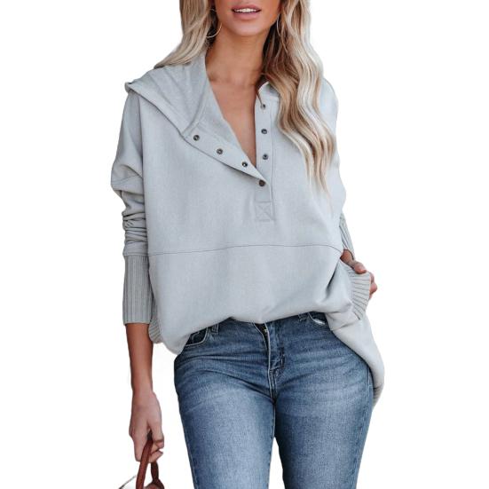 Женская толстовка с капюшоном большого размера на пуговицах с V-образным вырезом, длинными рукавами и карманами на весну, осень, зиму