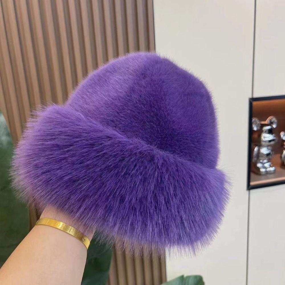 Warm Luxury Plush Hat Thicken Winter Fluffy Hats Fashion Faux Fur Bucket Hat Girls