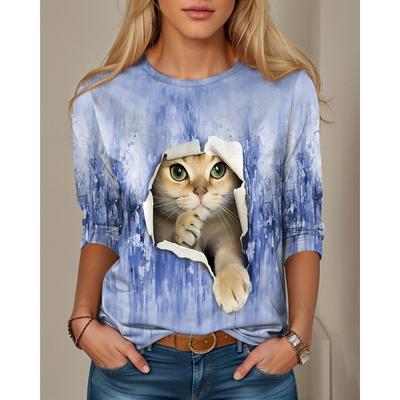 Весна Осень Женские Топы Кошка Длинный Рукав 3D Печатный Круглый Вырез Уличные Длинные Рукава Футболки