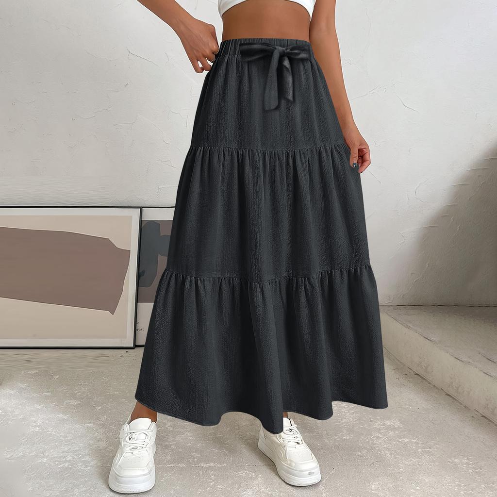 Women's Ruffled Spring Casual Long Skirt Plain Color Skirt Retro Pleated Skirt