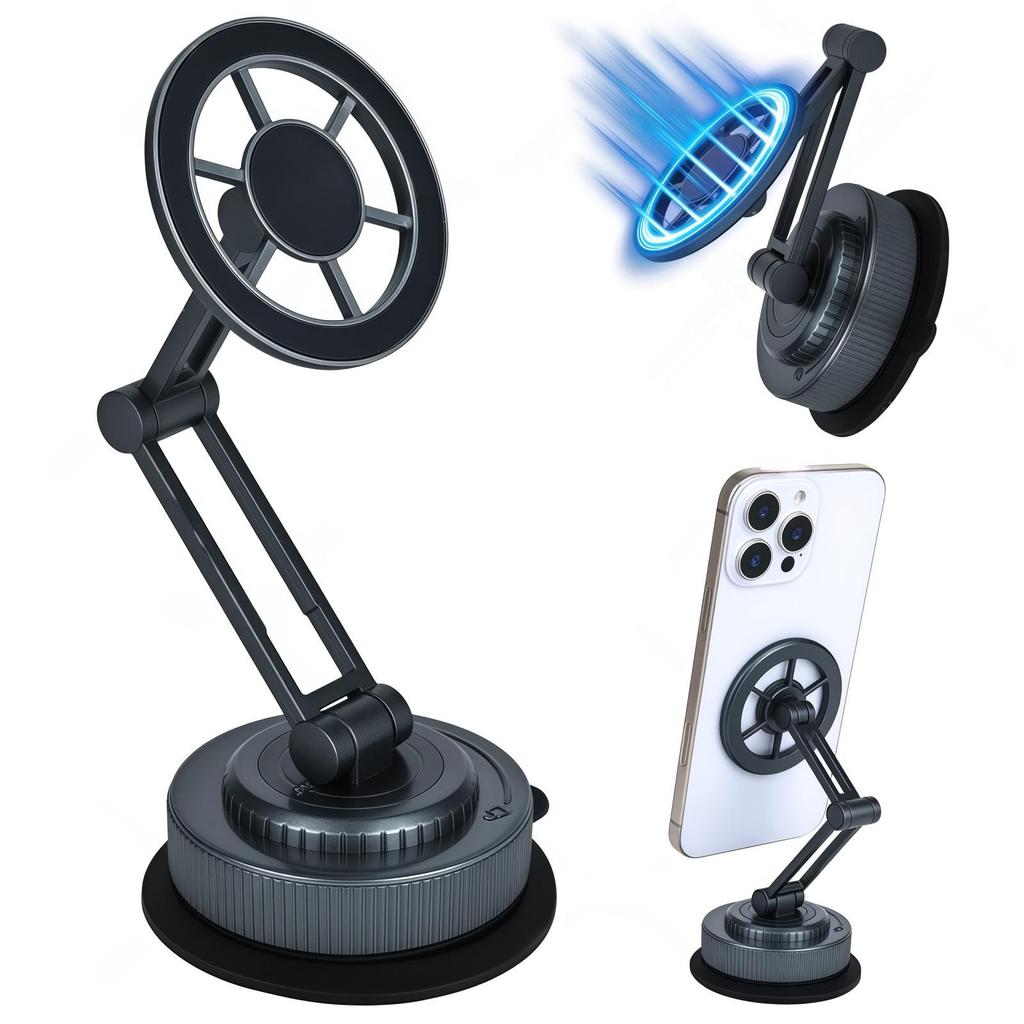 Magnetic Car Phone Holder with Strong Suction and 360° Adjustable Arm for Dashboard & Windshield
